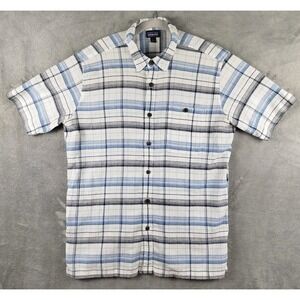Patagonia Shirt Mens Large White Blue Plaid Organic Cotton Short Sleeve AC A/C